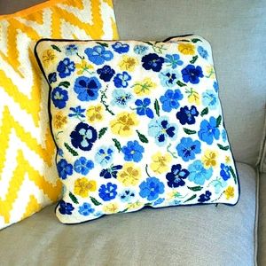 NEW WITH TAGS! Handstitched Pansy Flower Pillow with Navy Velvet Back